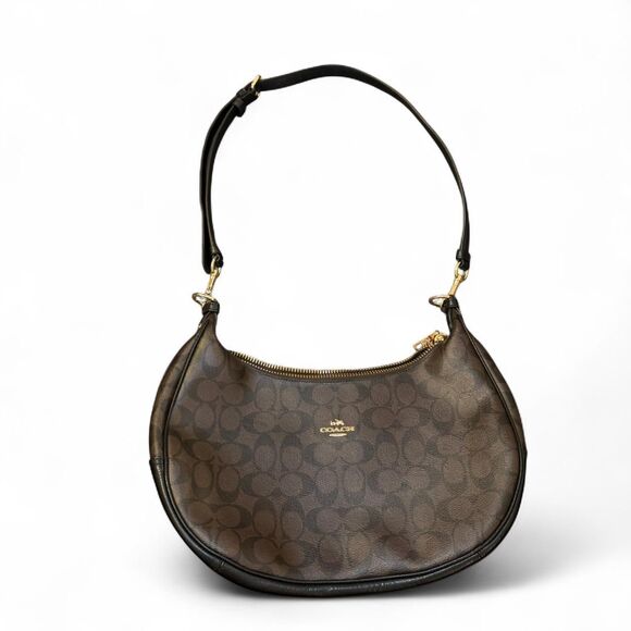 Coach Harley Hobo Shoulder Bag Brown Signature Canvas Black Leather Trim Gold - Picture 1 of 8